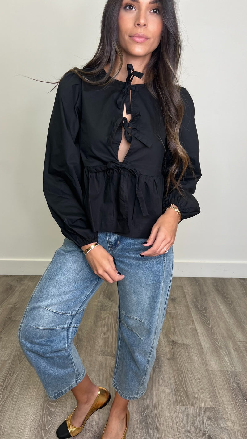 Pearce Black Poplin Bow Top