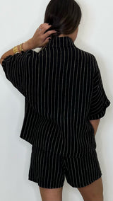 Minora Black and Ivory Striped Button Down Linen Top