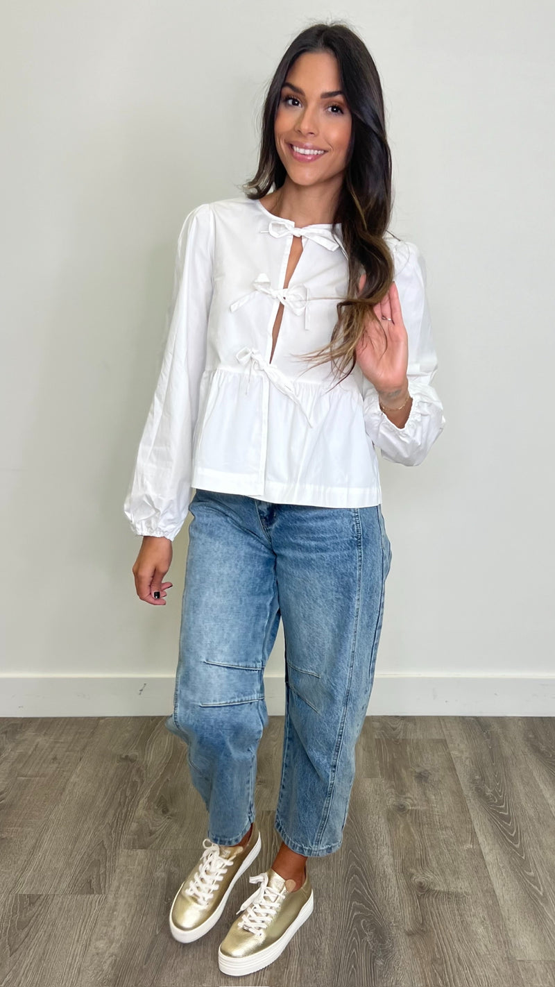 Lina White Poplin Bow Top