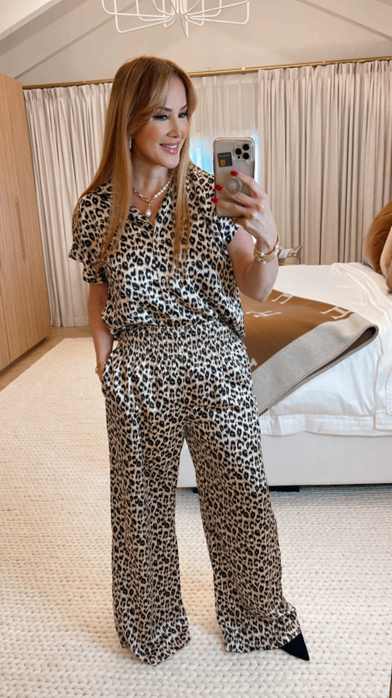 Micaela Brown Animal Print Satin Pants