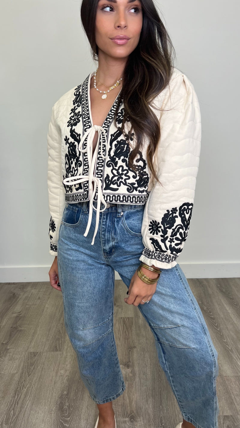 Lyon Embroidered Cream Puff Sleeve Jacket