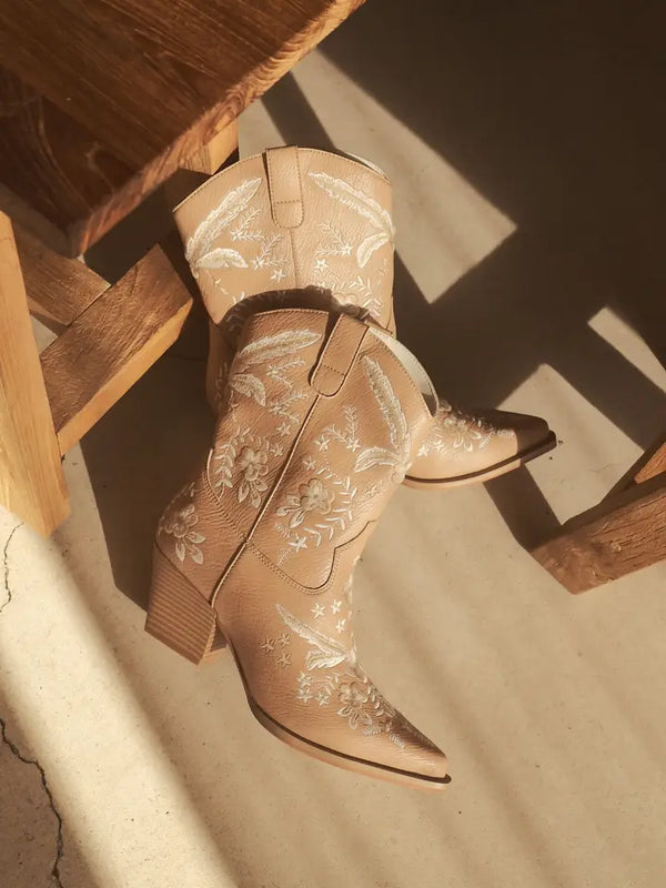 The Bailey Apricot Embroidered Cowboy Bootie