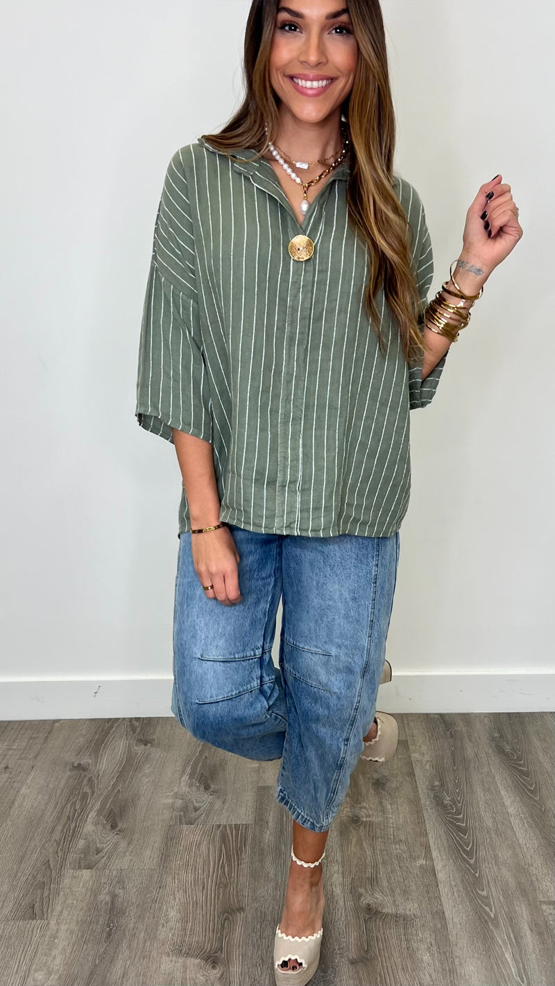 La Gomera Olive Oversized Big Button Blouse Linen