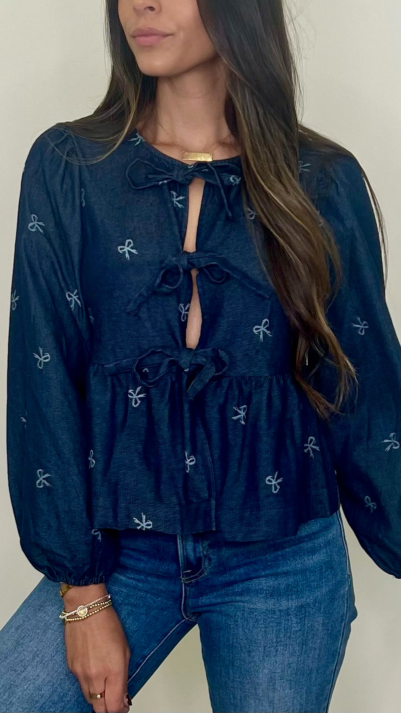 Lara Bow Print Denim Bow Tie Blouse