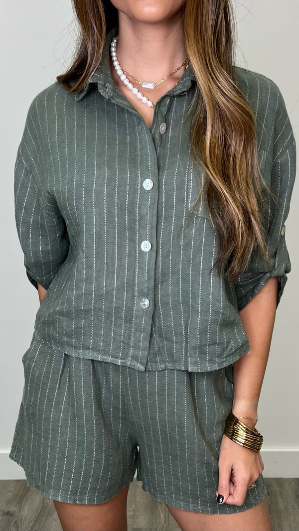 Lanzarote Olive Linen Button Down with Metallic Thread