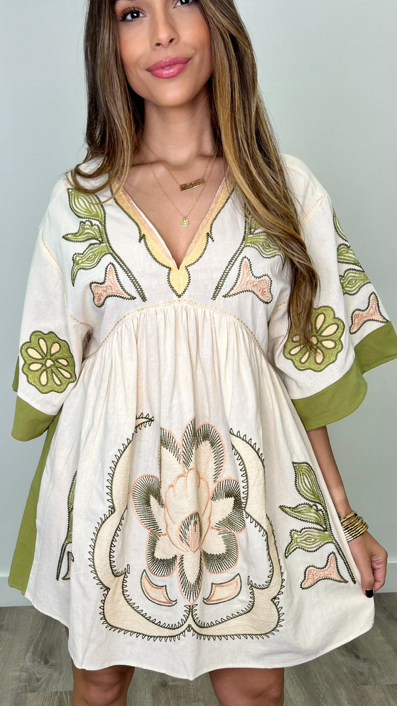 Edie Mustard Green Embroidered Dress