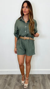 Lanzarote Olive Linen Button Down with Metallic Thread