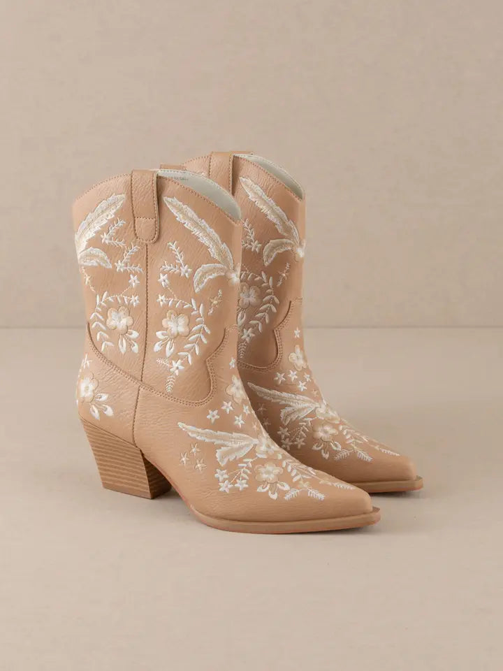 The Bailey Apricot Embroidered Cowboy Bootie