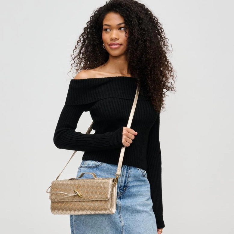 Ada Top Handle Woven East West Clutch Crossbody Gold