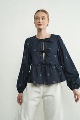 Lara Bow Print Denim Bow Tie Blouse