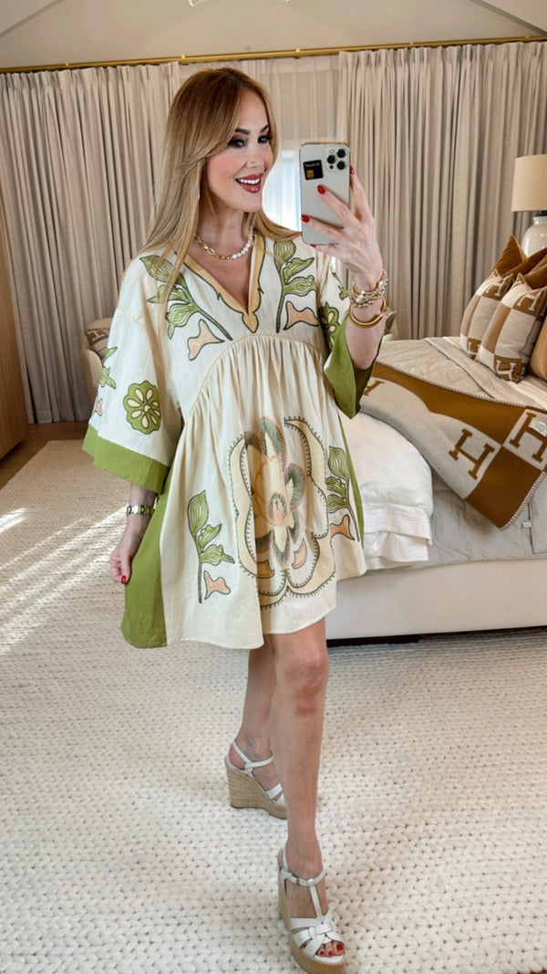 Edie Mustard Green Embroidered Dress