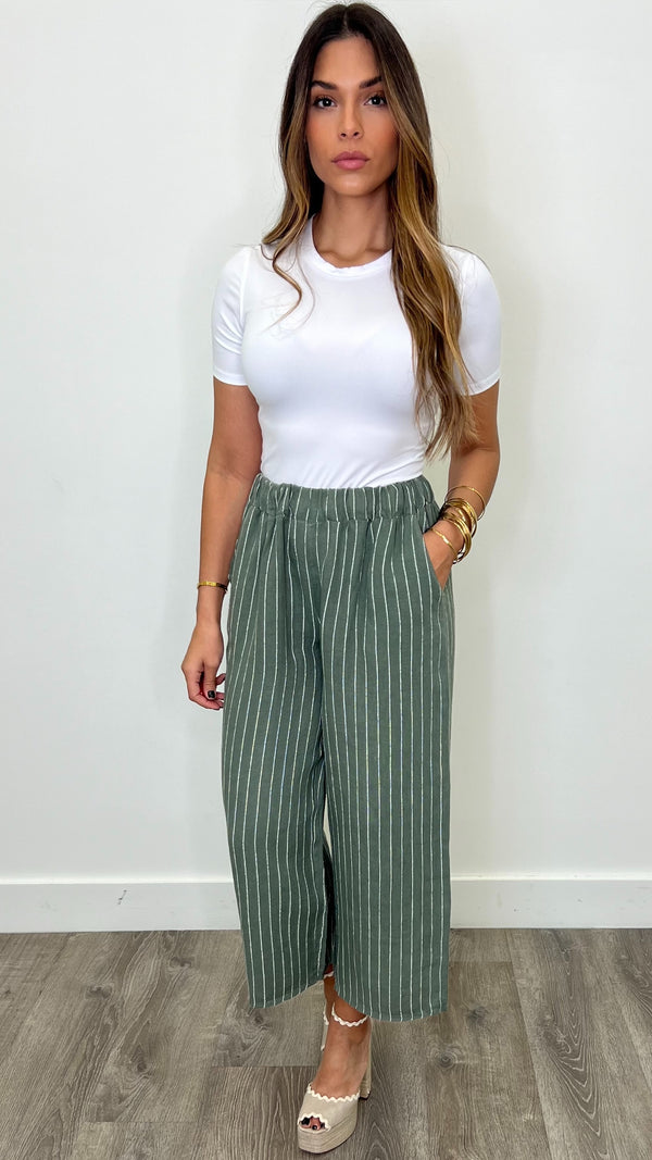 Canary Island Olive Striped Linen Pants