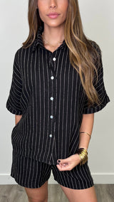 Minora Black and Ivory Striped Button Down Linen Top