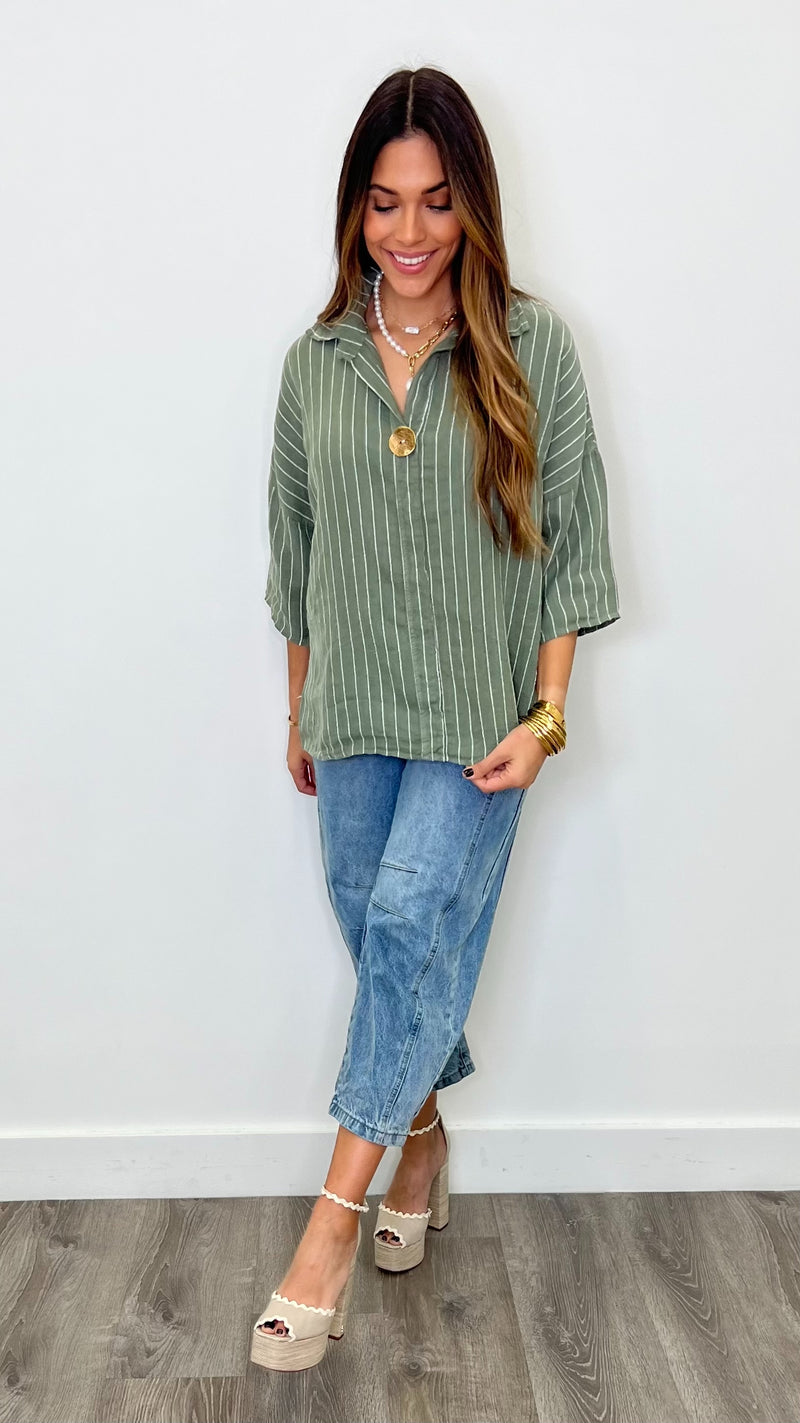 La Gomera Olive Oversized Big Button Blouse Linen