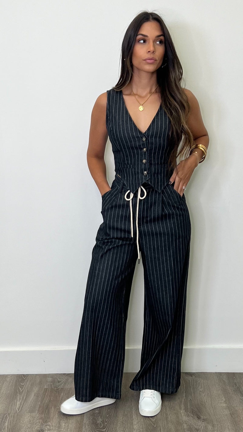 Terra Black Denim Striped Pants