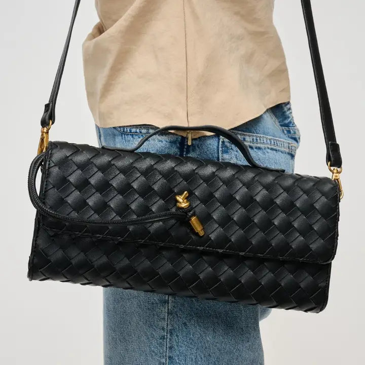 Ada Top Handle Woven East West Clutch Crossbody Black