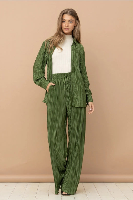 Ashley Pleated Button Down Pant Set Olive