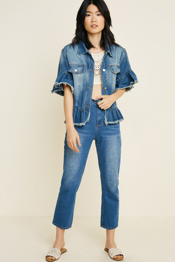 Ruffled Edge Denim Jacket in Blue