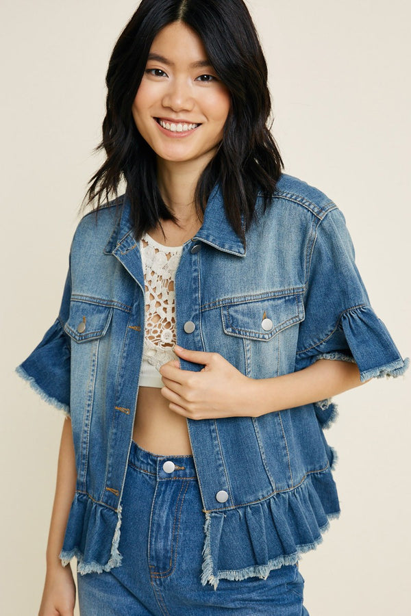 Ruffled Edge Denim Jacket in Blue