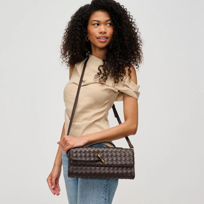 Ada Top Handle Woven East West Clutch Crossbody Espresso