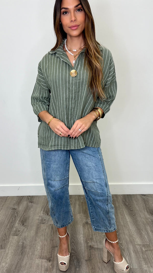 La Gomera Olive Oversized Big Button Blouse Linen