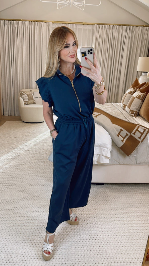 Laikyn Navy Ruffle Jumpsuit