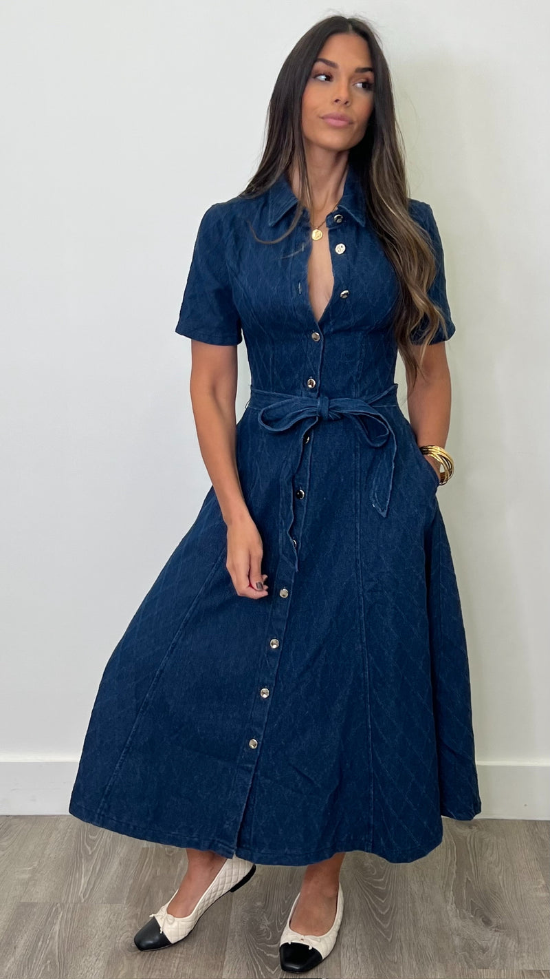 Mayra Dark Denim Button Down Midi Dress