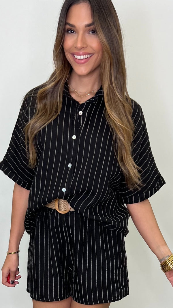 Minora Black and Ivory Striped Button Down Linen Top