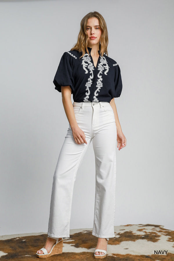 Katrina Navy Embroidered Top