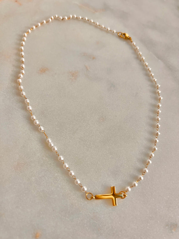 Dainty Pearl Cross Necklace