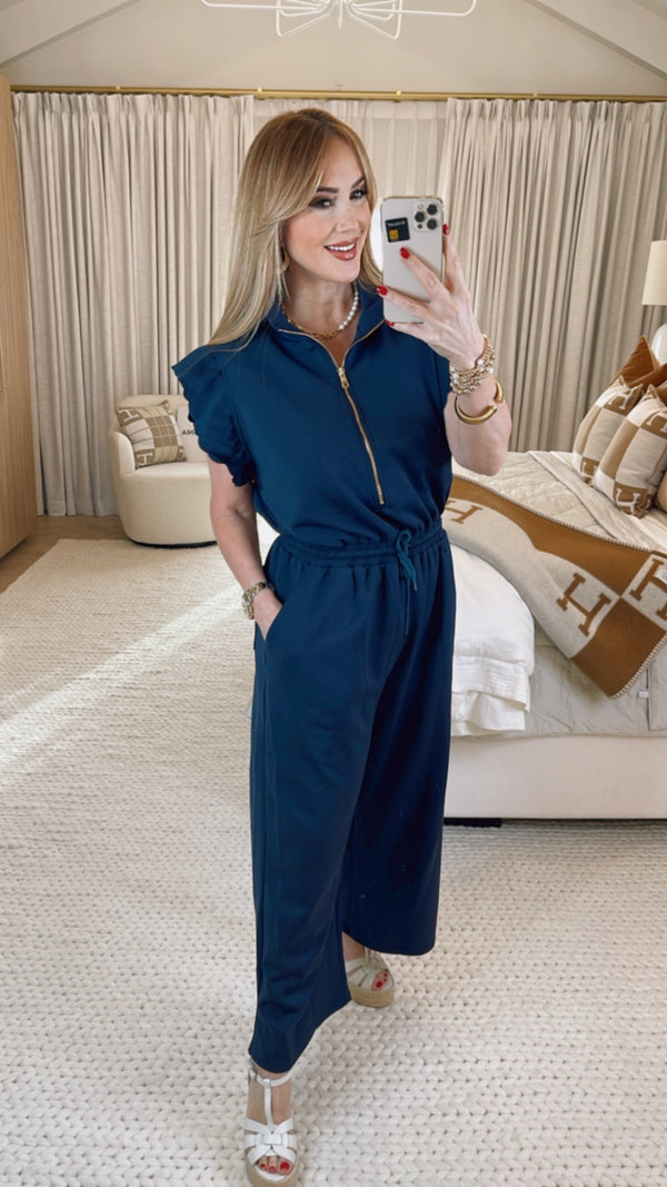 Laikyn Navy Ruffle Jumpsuit