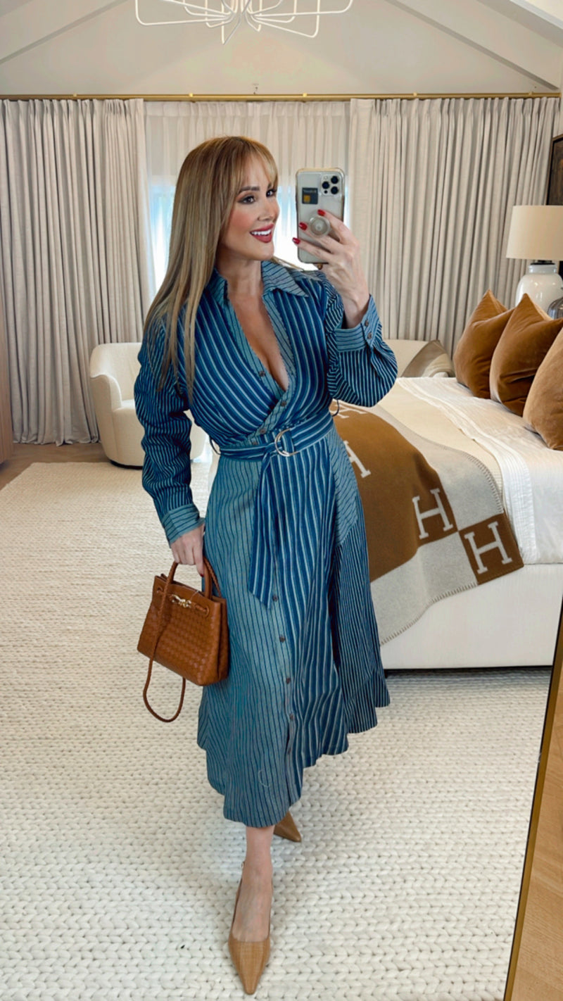 Mayrens Striped Button Down Midi Dress Denim Blue – PRINZZESA BOUTIQUE