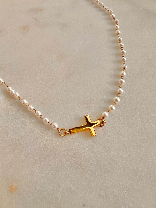 Dainty Pearl Cross Necklace