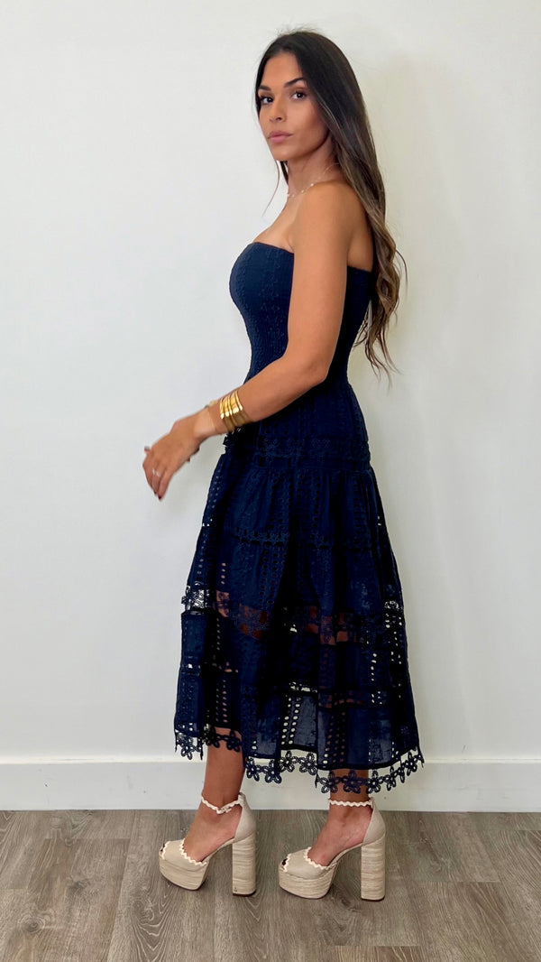 Maisie Navy Eyelet Tube Dress