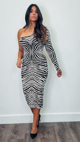 One Shoulder Animal Stretch Dress Black/Cream