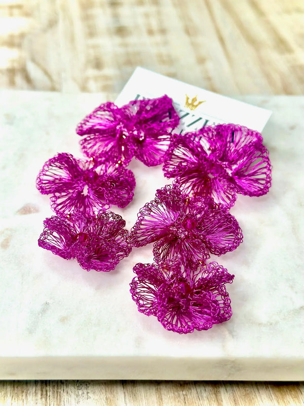 Rosy Fuchia Wired Flower Long Cascade Handmade Crochet Earrings - PRINZZESA BOUTIQUE