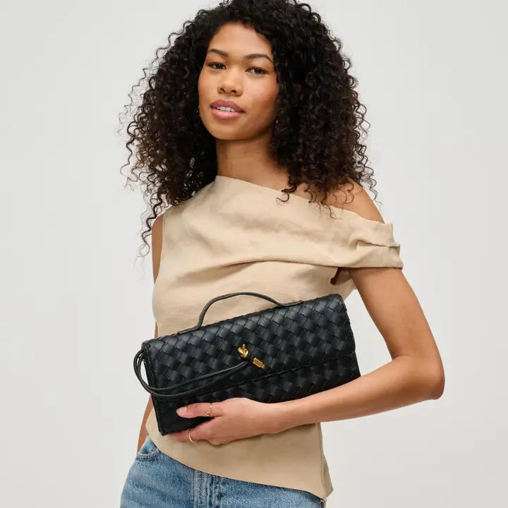 Ada Top Handle Woven East West Clutch Crossbody Black