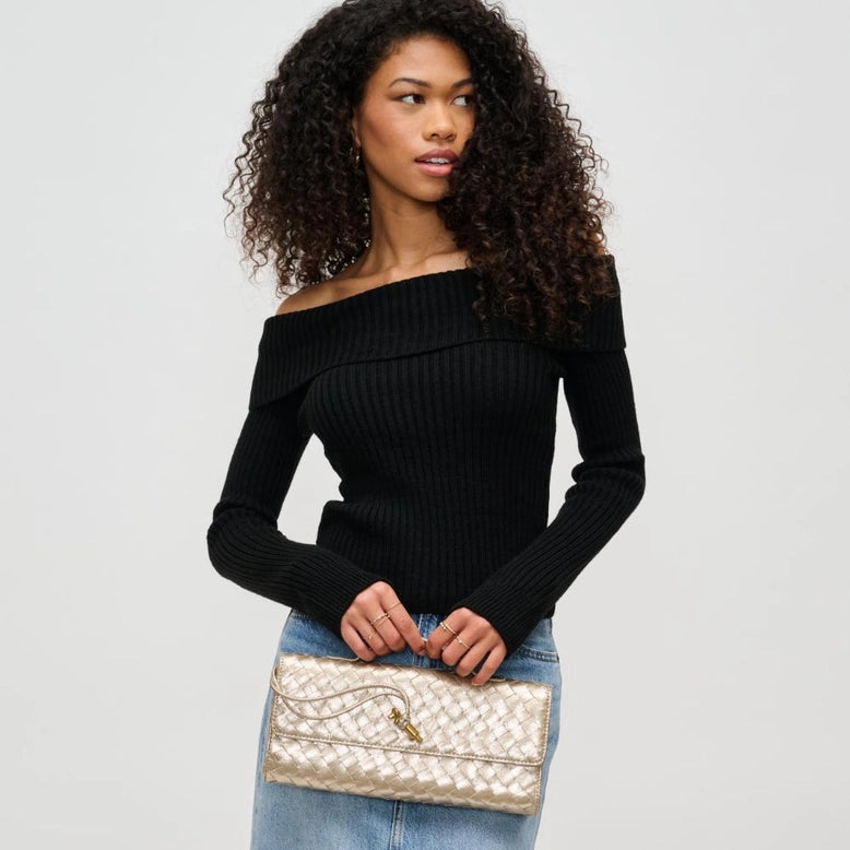 Ada Top Handle Woven East West Clutch Crossbody Gold