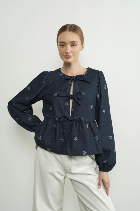 Lara Bow Print Denim Bow Tie Blouse