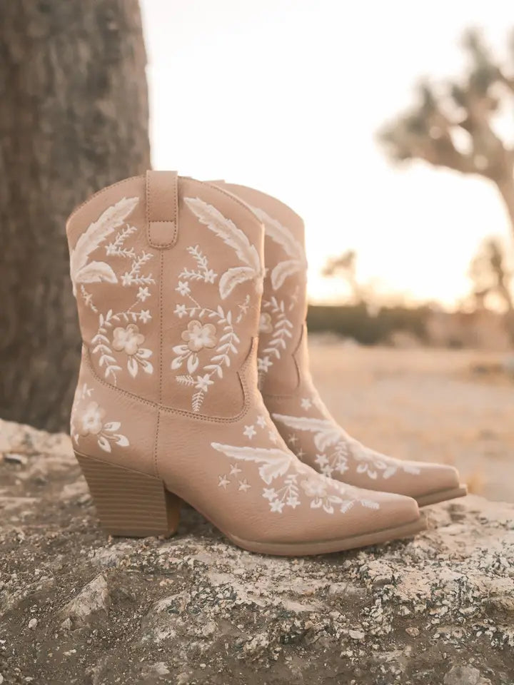 The Bailey Apricot Embroidered Cowboy Bootie